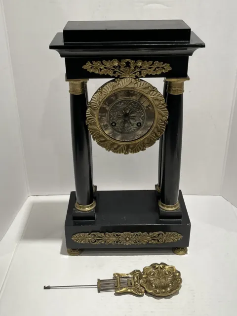 Antique 19Th Century French Empire Gilt Bronze Mounted Portico Mantel Clock