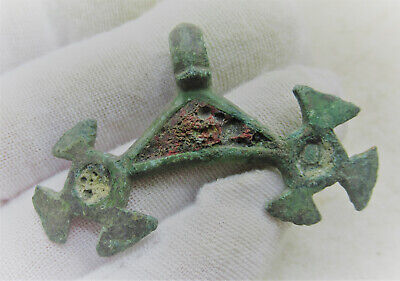A181 Ancient Viking Era Enamelled Bronze Lunar-Type Amulet Rare. Authentic