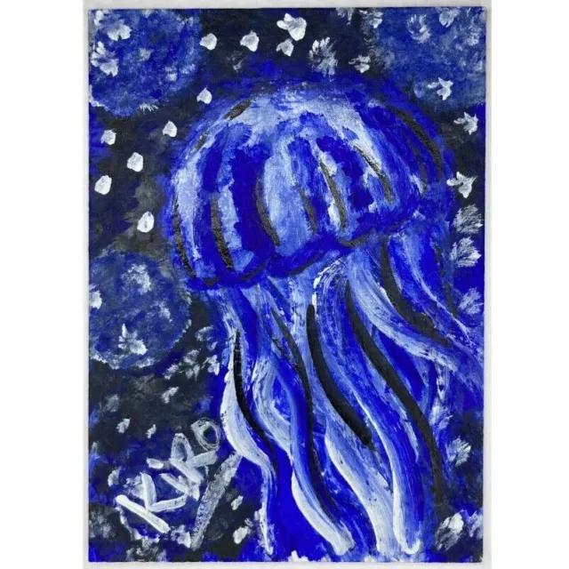 ACEO ORIGINAL PAINTING Mini Collectible Art Card Water Animal Jelly Fish Ooak