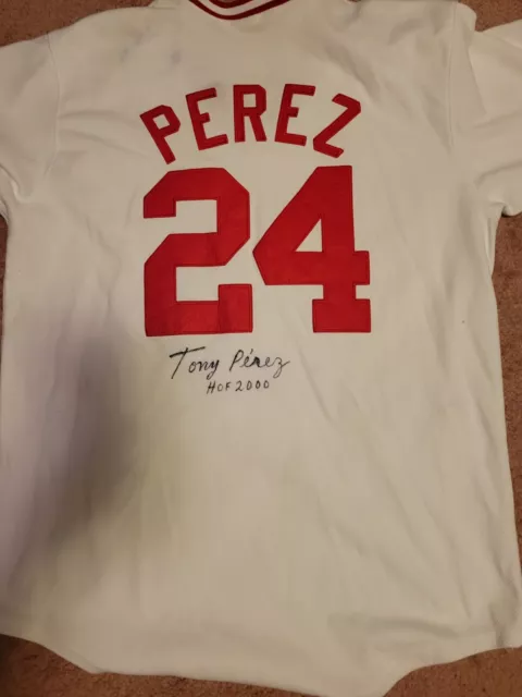 MLB Majestic Cooperstown Cincinnati Reds Tony Perez Signed Baseball Jersey, Sz L