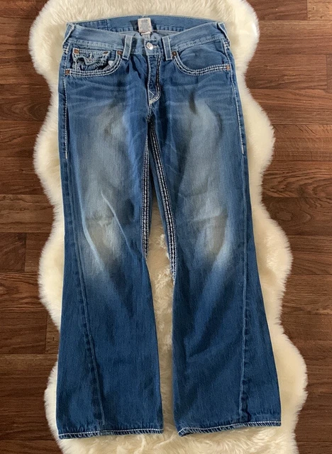 TRUE RELIGION Mens Jeans Sz 33 Flap pocket Thick Stitch Flare Blue Denim Rodeo