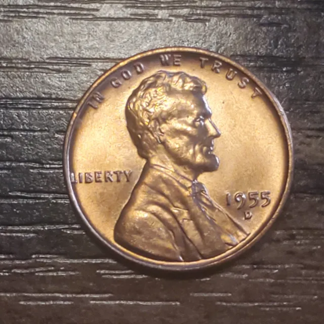 1955 D Lincoln Wheat Penny, Choice BU Mint Luster Red Unc from mint roll fresh
