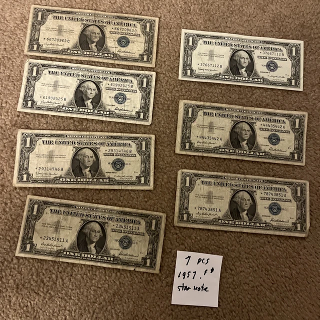 LOT OF 7 1957 United States Blue Seal $1 Star Notes Silver Certificates