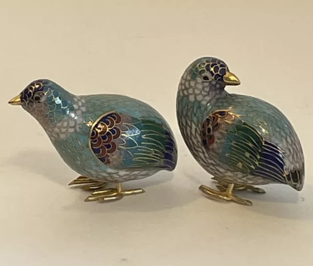 Set of 2 Vintage Cloisonne Bird Quail Figurines Brass Gold Enamel Asian 2.5"x3"