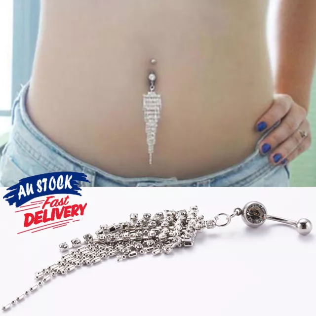 Long Crystal Dangle Fancy Gem Belly ring Body Piercing Navel Tassel Bar Jewelry