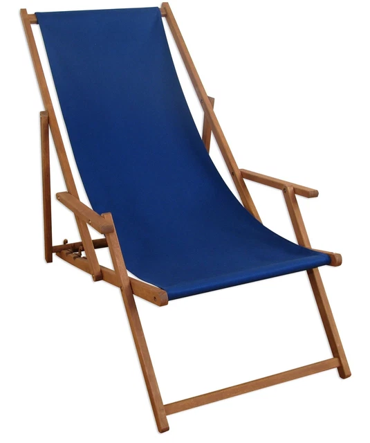 CHAISE LONGUE DE jardin, bain de soleil pliant, bois massif, tissu bleu