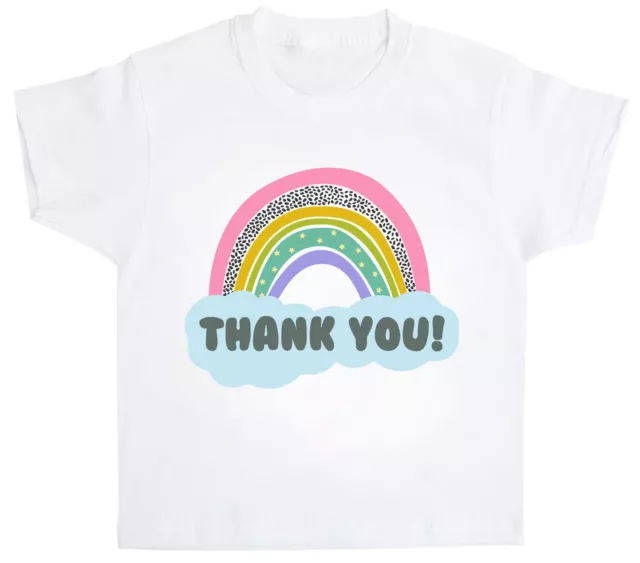 Childrens Rainbow T-Shirt Girls Boys Thank You NHS Tshirt Stay Home Kids Top Tee