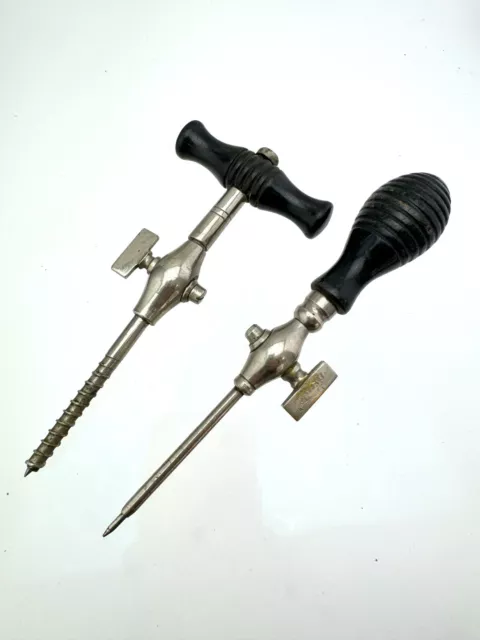 Two piece Lot of English Champagne Tap corkscrews w/ ebony celluloid handles