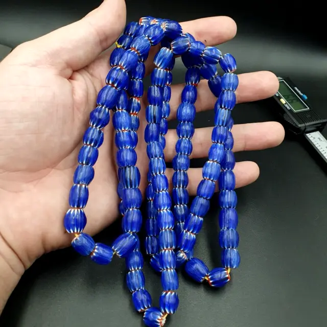 Vintage BLUE Chevron Beads Venetian Inspired 10mmx9.5mm Beads Long Strand