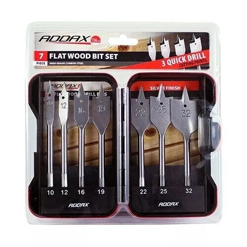 7 Piece Flat Wood Bit Set F7SET 10mm, 12mm, 16mm, 19mm, 22mm, 25mm, 32mm Addax