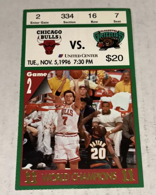 11/5/96 Grizzlies Chicago Bulls United Center NBA Ticket Stub Michael Jordan 22
