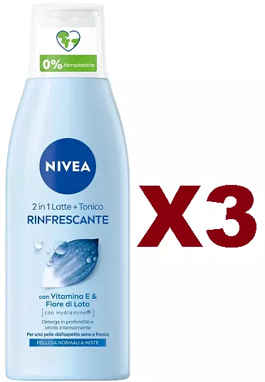 3 Pz Nivea 2In1 Latte + Tonico Rinfrescante Con Vitamina E 200Ml Pelli Normali