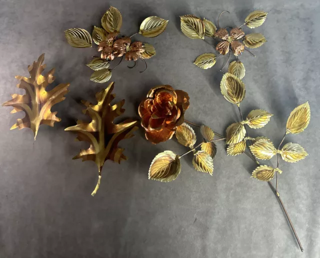 Decorative Metal Wall Art - Brass Copper Gold Flowers & Leaves - Lot of 5 pieces