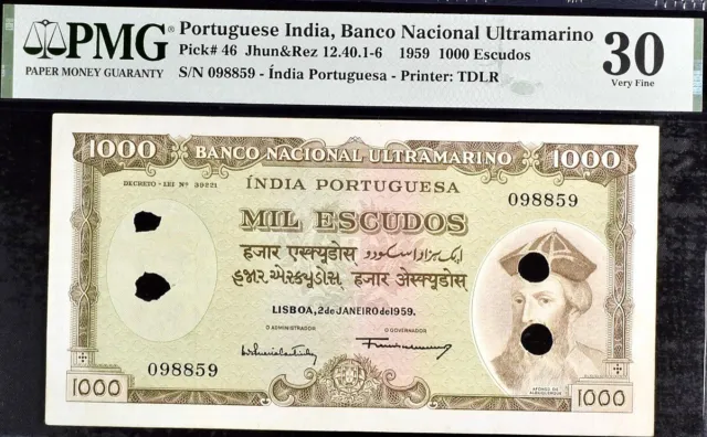 Portuguese India 1000 Escudos Pick#46 1959 PMG 30 Very Fine Banknote