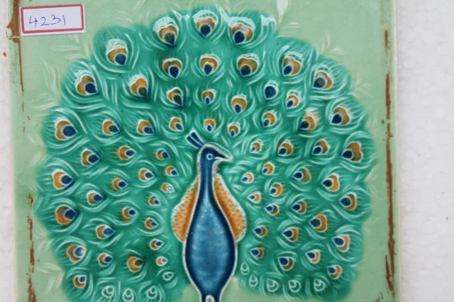Tile Majolica Peacock Dancing Vintage Made In Japan Art Nouveau Porcelain Nh4231 3