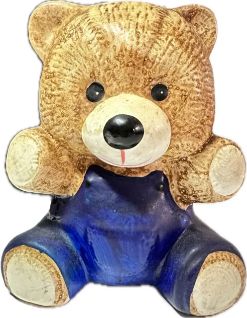 Vintage Hand-Painted Teddy Bear Blue Overalls Piggy Bank w/Bottom Stopper 1980s