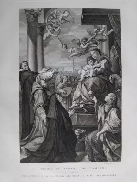 1830 Aguafuerte Virgen del Trono con Niño San Francisco Rosaspina Carracci 47x30