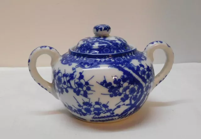 Sugar Bowl with Cherry Blossoms Blue and White Porcelain Chinese Signed