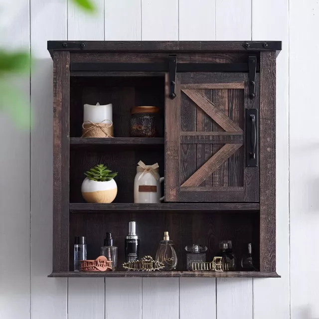 Rustic Wood Wall Shelf Storage Medicine Cabinet Sliding Barn Door Cupboard