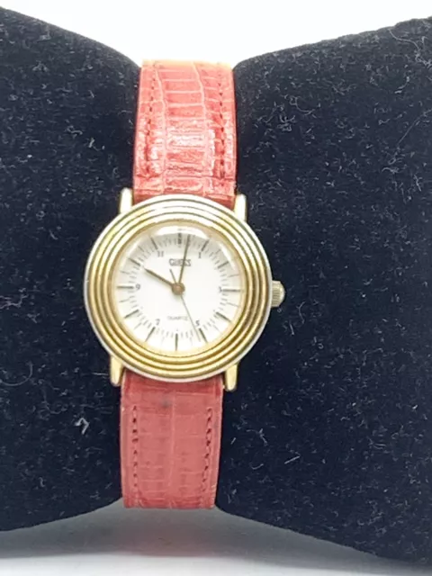 Vintage Guess Womens Gold Tone Quartz Wristwatch Red Leather Band Works!