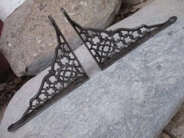 Architectural Salvage Vintage Old Pair in Cast Iron Gothic Shelf Wall Bracket