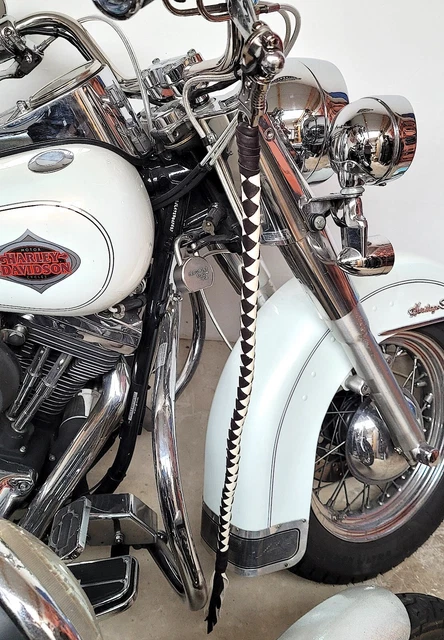 Fouet Moto Biker - Tresse Cuir Noir, Rose Et Blanc - Style Custom Pour Guidon Harley
