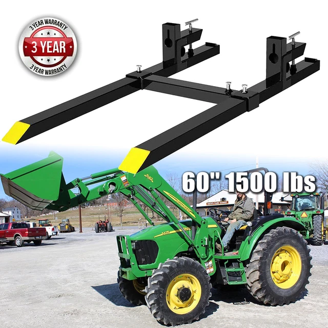 Clamp on Pallet Forks 60'' 1500 lb with Stabilizer Bar Skid Steer For John Deere