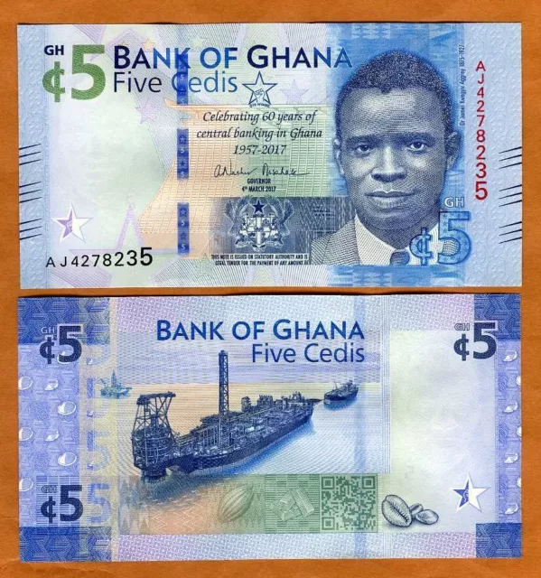 Ghana, 5 Cedis, 2017, P-43, UNC   Commemorative, 60 years to central banking