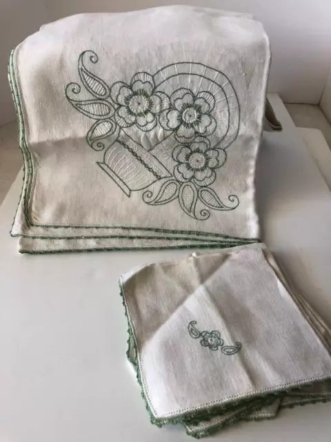 Heirloom Handmade embroidered Green Floral Basket Tablecloth 52" x 64" Napkins
