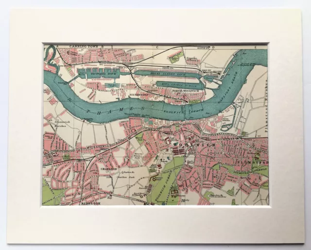 Antique 1920s London Map - Mounted Colour - DOCKS, WOOLWICH, PLUMSTEAD, CHARLTON