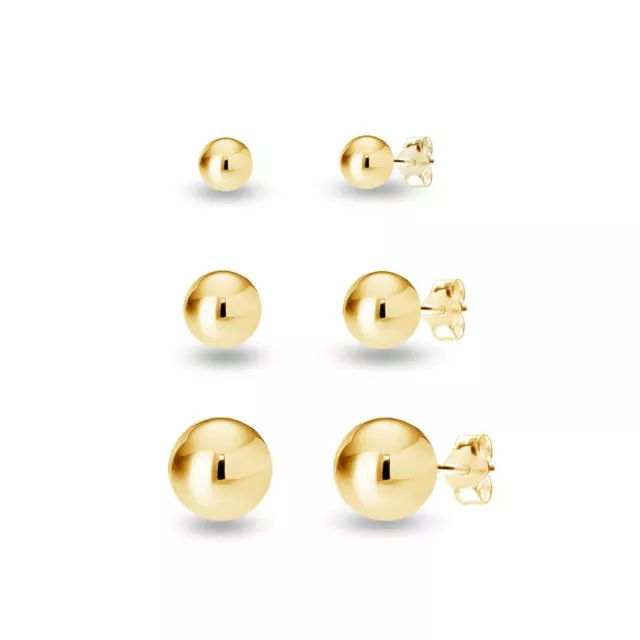 Real 925 Sterling Silver 3 Pairs Gold Plated Ball Stud Earrings for Women & Teen