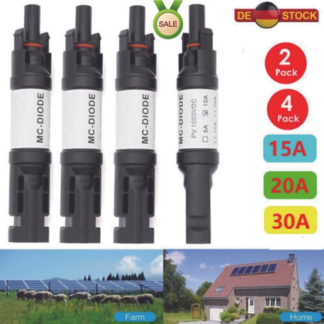 2x 30A Solar-Kabel-Blockierdiode Mit Stecker – Wasserdicht, IP67, Für 2.5-6mm² Kabel