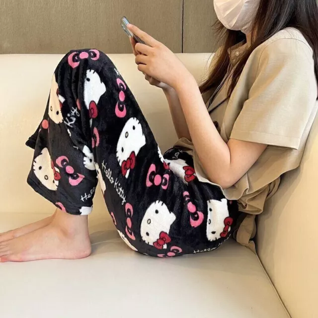 Hello Kitty Pajamas Black Flannel Women Casual Home Pants Unisex Warm Trousers 2