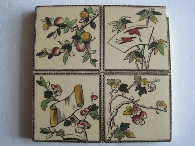 Antique Victorian Transfer Print & Tile - Japanesque Design - Cranes, Scroll