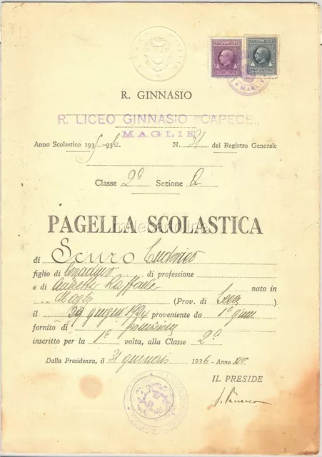 PAGELLA SCOLASTICA Liceo Ginnasio "Capece" Maglie (Lecce) 1936/7