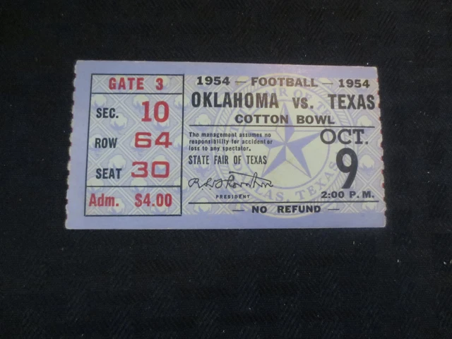 Texas Longhorns Football Ticket  VS Oklahoma Sooners Oct 9, 1954