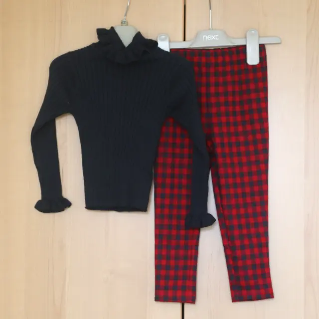 Next Girls Charcoal Rib Jumper Age 3Yrs & Red Checked Trousers Age 2-3 Yrs BNWT
