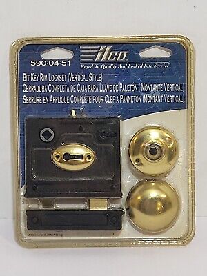 New ILCO Bit Key Rim Lock #590-04-51 Vertical  Style Brass Knobs