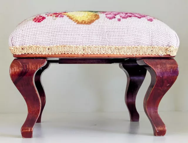 Vintage Carved Walnut Serpentine Legs Small Needlepoint Fruit Footstool Ottoman 3