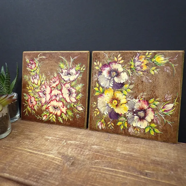 Vintage Decorative Tiles Hand Painted Flowers Floral Small Wall Art Upcycle 5"
