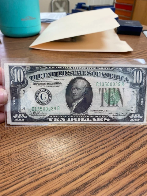 1934 A $10 Dollar Bill Green Seal Federal Reserve Philadelphia Note - Nice!