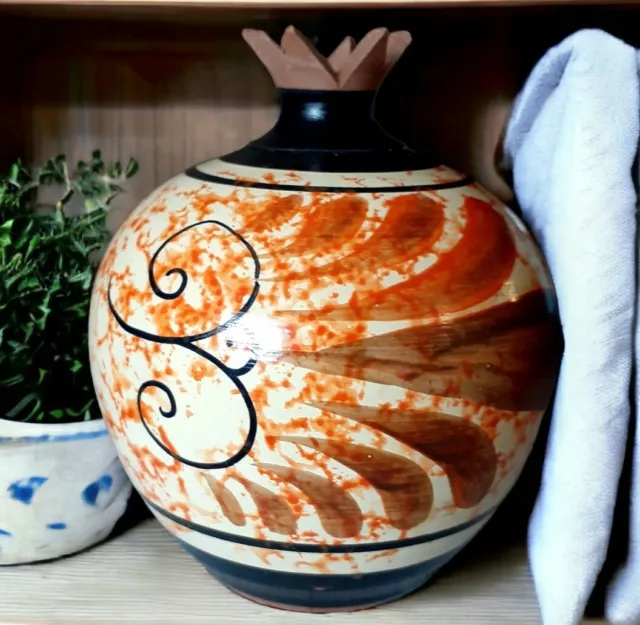Greek Vase Pomegranate Art Pottery Souvenir Signed Wind Mythology Signed Orange