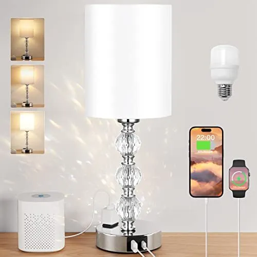 Touch Bedside Lamps for Bedrooms Nightstand - Crystal Table Lamp with USB C+A...