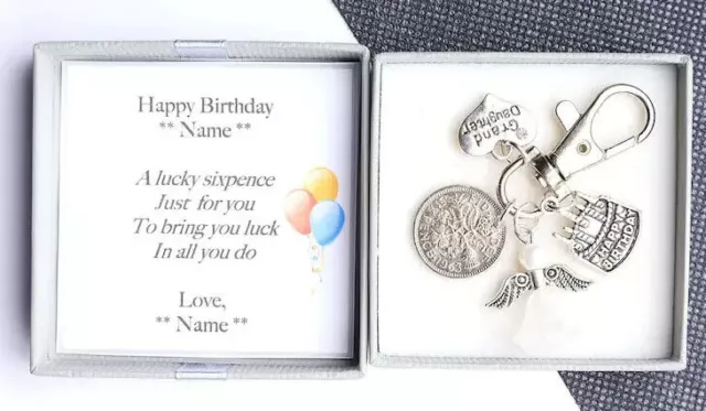 Personalised 50th Birthday Lucky Sixpence Charm Novelty Keyring - Gift for Her