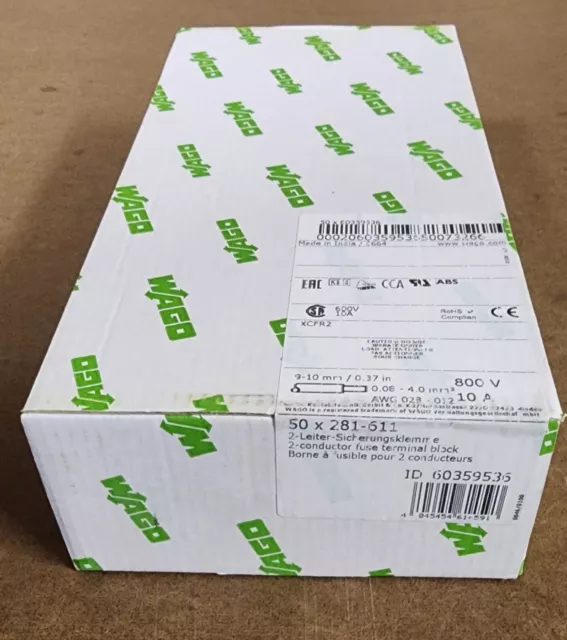 Box of 50 Wago 281-611 Two-Conductor Fuse Terminal Block din rail mounted