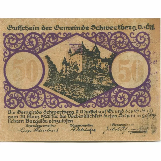 [#282155] Banknote, Austria, Schwertberg, 50 Heller, château, 1920, UNC Mehl: