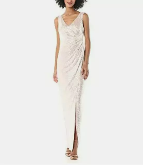 Calvin Klein Womens Beige V Neck Sleeveless Side Ruched Waist Gown Dress Size 2