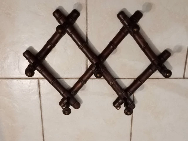 ANCIEN Grand Porte-Manteaux Patère Mural Pliant en BOIS Façon BAMBOU