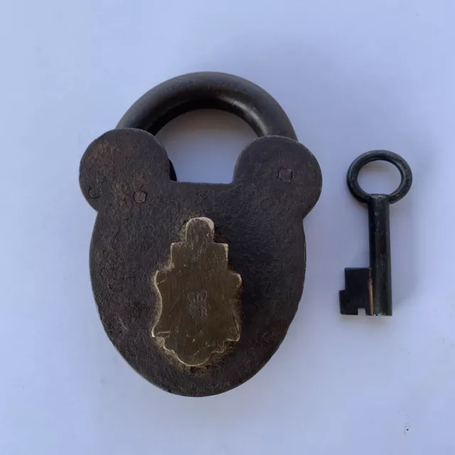 Iron smoke-house padlock or lock with key, old or antique, different key-hole.