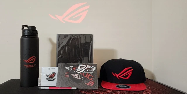 Asus Rog Republic of Gamers Hat, Journal, Pen and 28oz Aluminum Bottle Lot. Asus Rog Republic of Gamers Hat, Journal, Pen and 28oz Aluminum Bottle Lot.